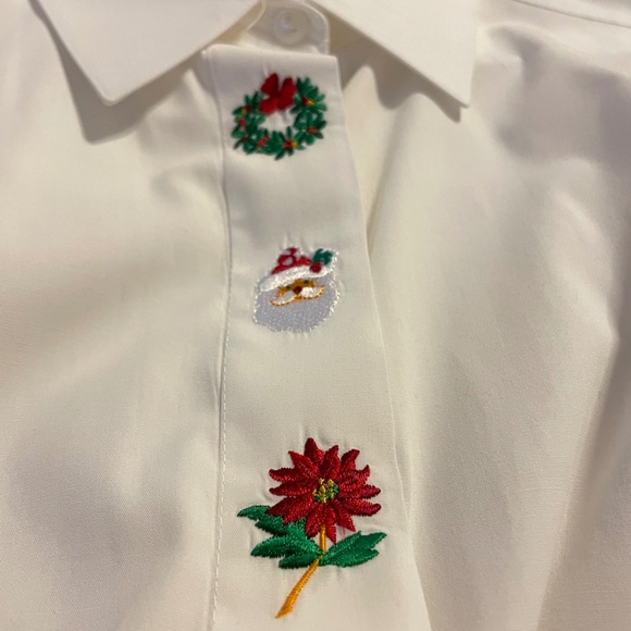 Vtg Foxcroft White Long Sleeve Christmas Embroidered White Button Up Shirt sz 10 - Picture 8 of 14